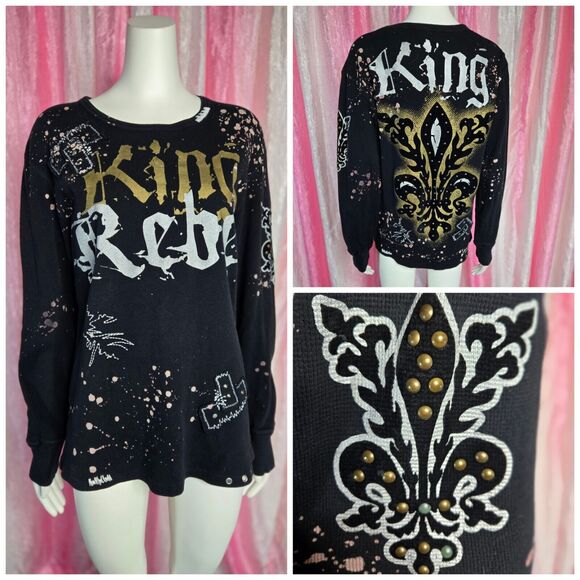 Rebel Spirit King Studded Thermal Hip Hop Black T-Shirt Size Large - Picture 1 of 16